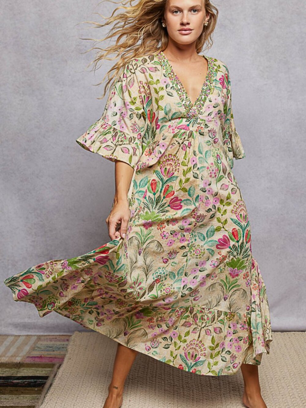 POL Beaded Neckline Kaftan Dress